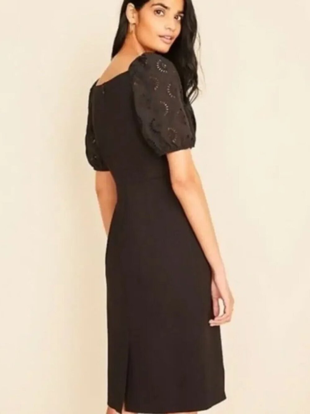 NWT$139 Ann‎ Taylor Eyelet Square Neck Puff Sleeve Stretch Black Sheath Dress 4P
